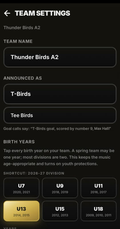 Team settings with team name, Announced as T-Birds and birth years