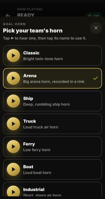 Goal horn picker with Classic, Arena, Ship, Truck, Ferry, Boat and Industrial horns