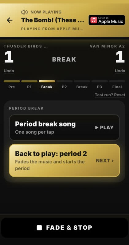 Period break with a song playing and Back to play button