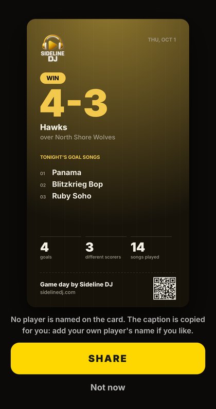 Share the game card: WIN 4-3 for the Hawks, three goal songs, 4 goals, 3 different scorers, 14 songs played, logo and QR code.